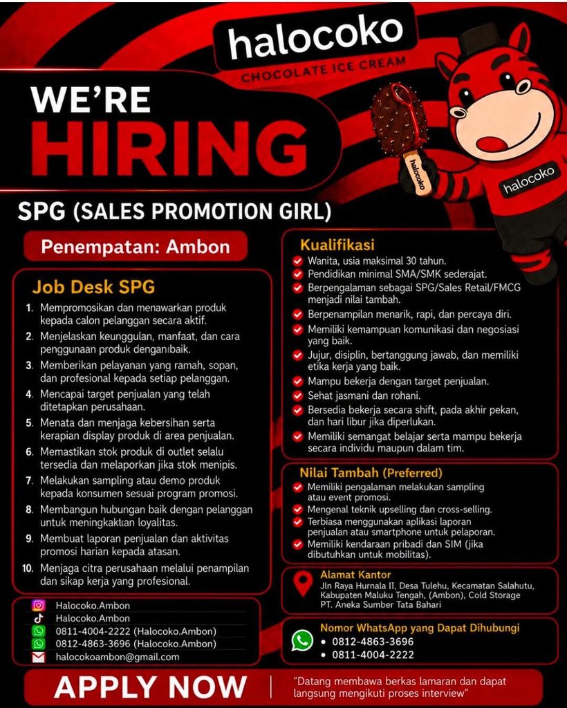 Lowongan Kerja Ambon Terbaru: Halocoko Buka Posisi SPG