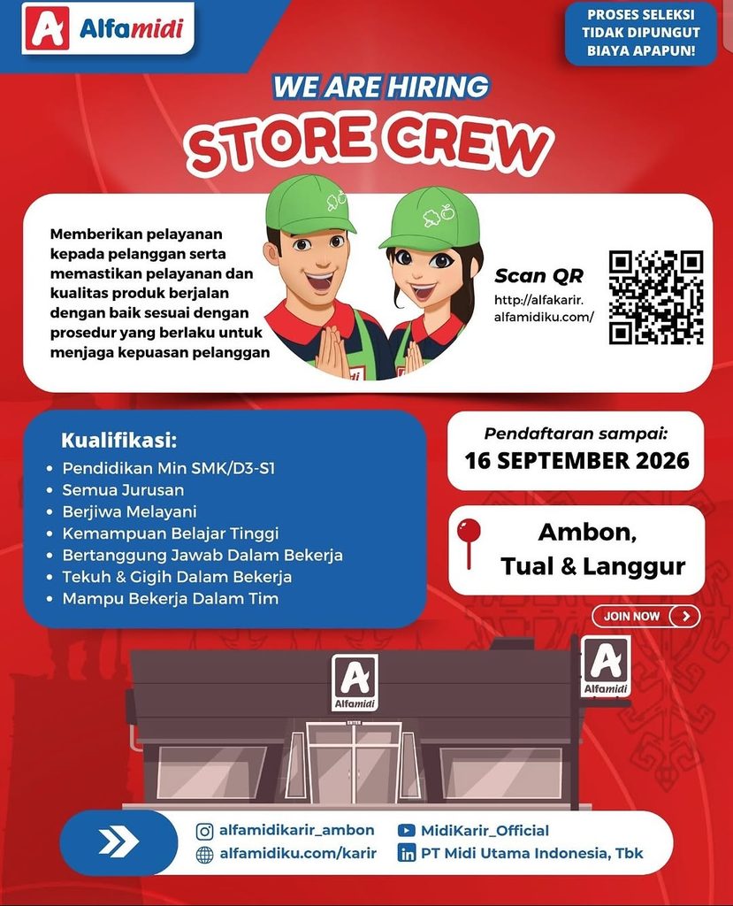 Lowongan Kerja Alfamidi Maluku 2026 untuk Store Crew